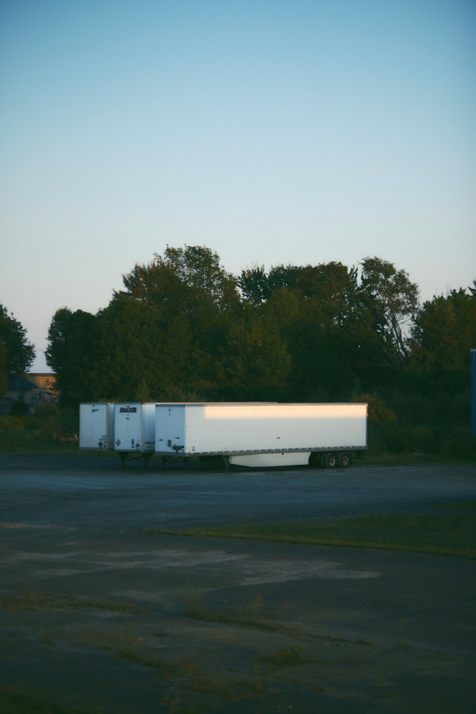 White utility trailers parked in an asphalt lot by trees.